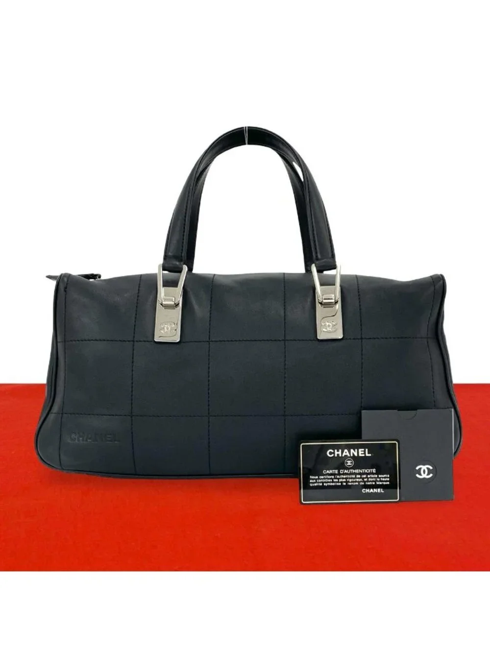 Chanel Choco Bar CC Logo Leather Mini Boston Bag Black